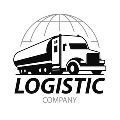 Vector truck logo. Emblem, banner, logotype of the logistics center, delivery, freight, heavy cargo. Black and white color. Monochrome style.