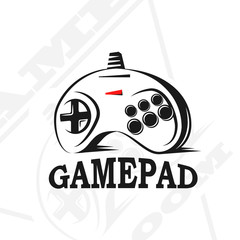 Vector gamepad logo. Game design, old, retro, vintage arcades, in monochrome style. Sign, banner, emblem of the tournament. Logo of video games. Computer Club.