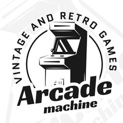 Vector image. Illustration of a logo, emblem, company element. Game design, old, retro, vintage arcades. Arcade machine slot machine board games