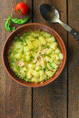 soup with green peas, potatoes, chicken and pasta (fresh vegetable soup with meat). Top view. copy space