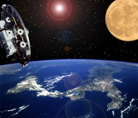 Spaceship and moon. Earth on the backdrop. The elements of this image furnished by NASA.