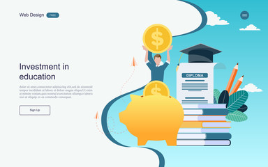 Flat design website banner of investment in knowledge, student loans, scholarships.money,savings for study.Vector illustration.
