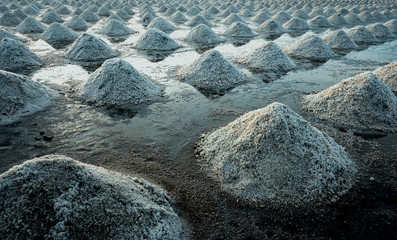 Sea salt farm in Thailand. Organic sea salt. Evaporation and crystallization of sea water. Raw...