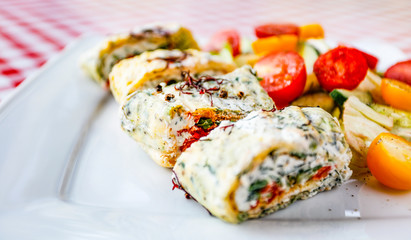 Frresh breakfast and kitchen interior 