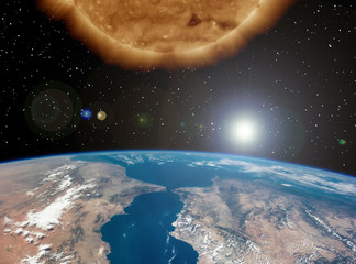 Big sun and earth. The elements of this image furnished by NASA.