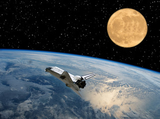 Obraz na płótnie Canvas Spaceship and moon. Earth on the backdrop. The elements of this image furnished by NASA.