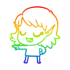rainbow gradient line drawing happy cartoon elf girl pointing