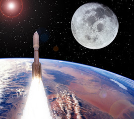 Rocket and moon. Earth on the backdrop. The elements of this image furnished by NASA.