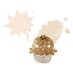 cute cartoon pie and speech bubble in retro textured style