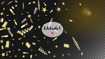 Modern Tinsel Confetti Isolated, Golden Celebration Foil. Horizontal Dotted Explosion Background. Cool Luxury Christmas, New Year, Birthday Party Holiday Banner. Golden Tinsel Confetti Isolated