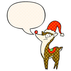 cartoon christmas reindeer and speech bubble in comic book style