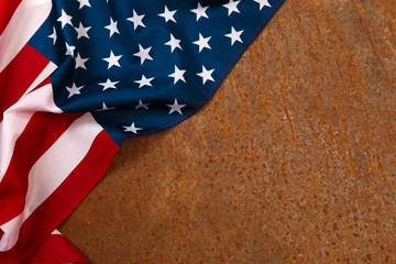 American flag on rusty background  top view