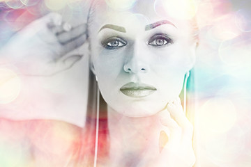 girl with summer make-up on blurred white background with pink bokeh / beautiful bright make-up,...