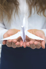 Female hands with white paper crane on blurred background