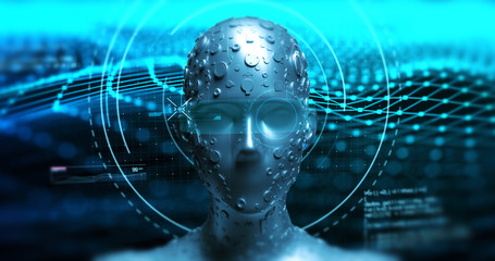 Futuristic Humanoid Robot Analyzing Hud Data - Technology Related 3D Illustration Render Concept