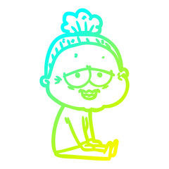 cold gradient line drawing cartoon happy old lady