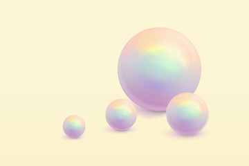 Shiny pearls on soft pink background. Luxury beautiful shining jewellery background with rose pearl. Realistic single shiny natural rainbow sea pearl with light effects. 3D render.