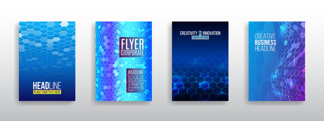 Abstract technology cover with hexagon elements. High tech brochure design concept. Futuristic business layout. Technology poster templates.