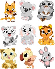 Set of cute funny little animals in tiger cub, sloth, lynx, kitten, bat, bunny, parrot, koala, leopard. Vector illustration. Concept for children print