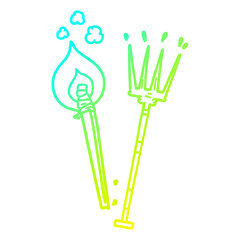 cold gradient line drawing cartoon pitchfork and burning brand