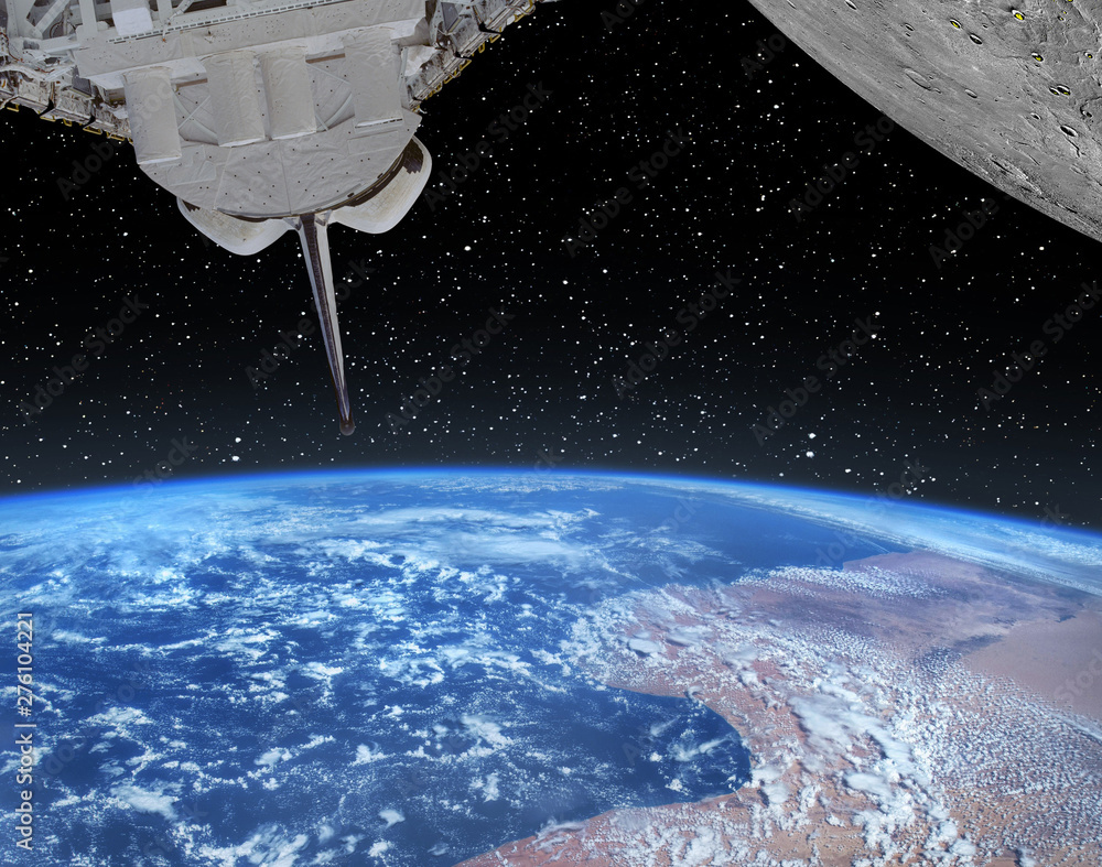 Wall mural shuttle, earth and planet with craters like moon. the elements of this image furnished by nasa.