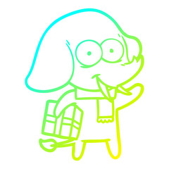 cold gradient line drawing happy cartoon elephant with present