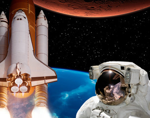 Rocket flies from earth to Mars. Astronaut in outer space. The elements of this image furnished by NASA.