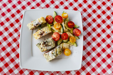 Frresh breakfast and kitchen interior 