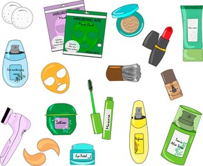 Vector flat cosmetics set. Beauty fashion products. Decorative and care cosmetics. Elegant minimalistic style bright colors