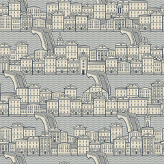 Vector seamless pattern with old hand drawn houses along the canals with bridges. Cityscape background in retro style, can be used as wallpaper, wrapping paper, textile, fabric