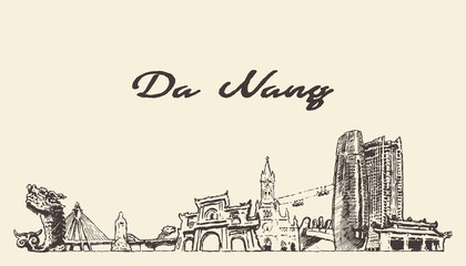 Da Nang skyline Vietnam hand drawn vector sketch