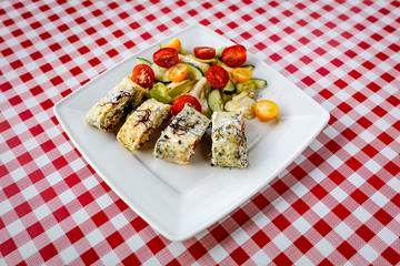 Frresh breakfast and kitchen interior 