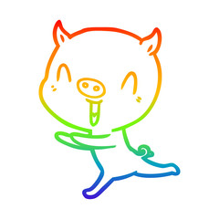 rainbow gradient line drawing happy cartoon pig running