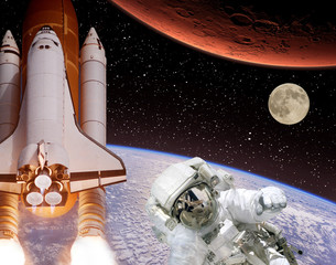 Rocket flies from earth to Mars. Astronaut in front and moon in the distance. The elements of this...