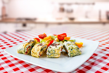 Frresh breakfast and kitchen interior 