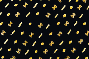 flat lay of different kinds of pasta isolated on black