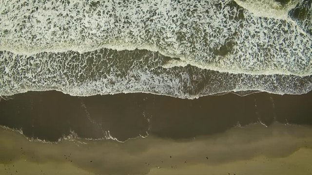 Drone shot of the dutch coastline with camera slowly getting higher with waves and beach.