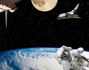 Astronaut, spaceships and moon. Earth on the backdrop. The elements of this image furnished by NASA.