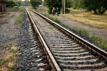 Fototapeta na wymiar Railroad elements. Modern railways infrastructure. Railway transportation in the city. rails. Railroad tie.