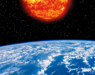 Earth and sun. Distance between them. The elements of this image furnished by NASA.