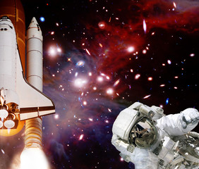 Rocket (shuttle), astronaut and galaxy. The elements of this image furnished by NASA.