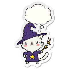 cartoon cat wizard and thought bubble as a printed sticker