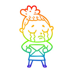 rainbow gradient line drawing cartoon crying woman with letter