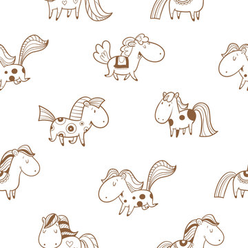 Seamless pattern with cute cartoon horses on  white background. Funny animals. Vector image. Children's illustration.