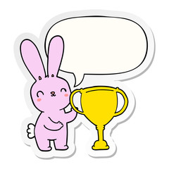 cute cartoon rabbit and sports trophy cup and speech bubble sticker