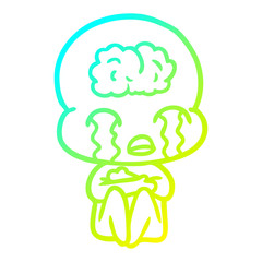 cold gradient line drawing cartoon big brain alien crying