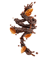 Melted liquid dark chocolate or chocolate sauce swirl 3D splash, almonds isolated on white background. Hot melt milk chocolate syrup cream mass. Liquid chocolate, almonds whirl splash design element