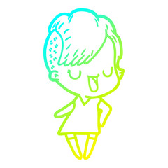 cold gradient line drawing cute cartoon girl with hipster haircut