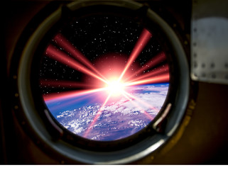 Gorgeous view of sunrise. Window of spaceship. Elements of this image furnished by NASA.