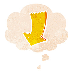 cartoon pointing arrow and thought bubble in retro textured style